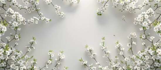 Poster - Blooming trees delicate white flowers against a white wall create a serene copy space image for text and products