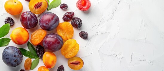 Poster - White background with delicious dried plums and fresh fruits perfect for a copy space image