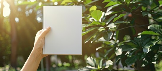 Aufkleber - Hand holding a hardcover book mockup with a blank cover in a sunny outdoor setting with copy space image