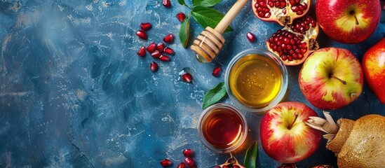 Aufkleber - Happy Rosh Hashanah Traditional symbols like pomegranate apples and honey displayed on a blue background from a top down perspective with room for copy space image