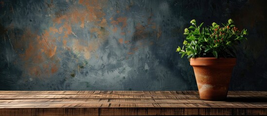 Wall Mural - A flower pot on a wooden table with copy space image