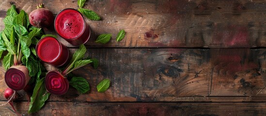 Aufkleber - Flat lay composition with a glass of fresh beet juice ripe vegetables and mint displayed on a wooden table with ample copy space for text in the image