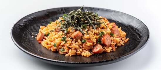 Poster - Indonesian sausage fried rice on a black plate with seaweed on a white background for a copy space image