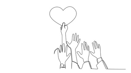 Poster - Animated self drawing of single one line drawing hands fighting over the shape of a heart. Hands that are strong and the longest that can reach it. Achieve heart's dreams. Full length animation