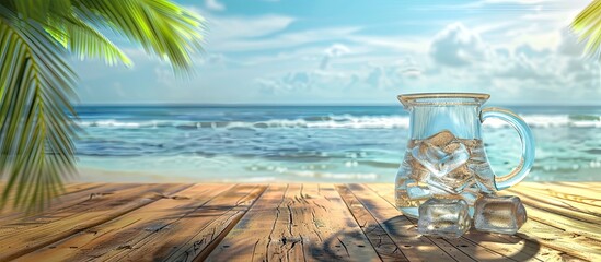 Aufkleber - Wooden table top with a tropical beach backdrop featuring a large water jug filled with ice Ideal for showcasing food drinks and products with available copy space image