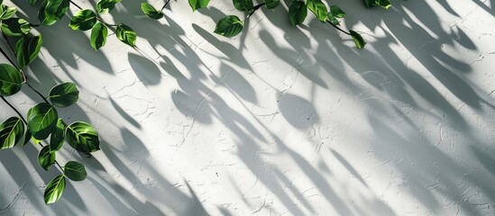 Poster - Sunlight filtering through tree leaves creates a play of light and shadows on a white wall ideal for a wallpaper background with a copy space image