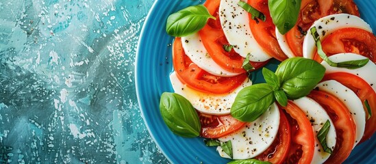 Aufkleber - Caprese salad creatively arranged to resemble the Italian flag on a blue plate with copy space image captured from above