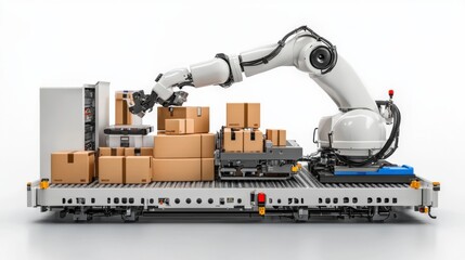 A robotic arm efficiently handling packages on a conveyor system in a modern warehouse setting.