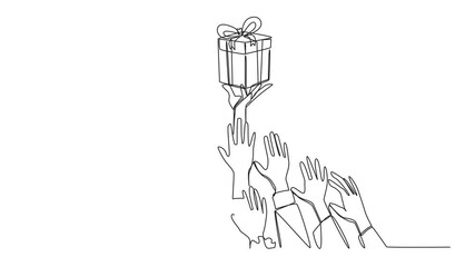 Poster - animation of a single one line drawing of hands fighting over the gift box. win attractive prizes. e
