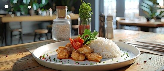 Aufkleber - Plate with chicken rice in a restaurant showing empty copy space image