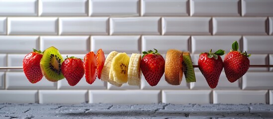 Poster - Fruit skewer featuring strawberries kiwis and bananas placed against a white brick wall with copy space image