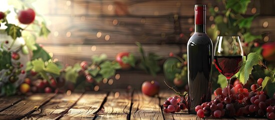 Poster - Red wine bottle with grapes and glass on wood backdrop with copy space image