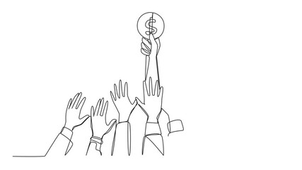Poster - animation of a single one line drawing of hands fighting over coins with dollar symbols. fight for s