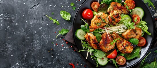Poster - Crispy chicken fresh veggies and cheese on a salad with room for a copy space image