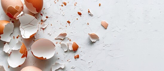 Poster - Cracked eggshells on a white backdrop with copy space image