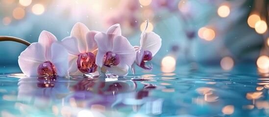 Poster - Close up purple and white orchid flowers floating on the water s surface creating a serene and visually appealing copy space image suitable for promoting spa and cosmetic body care products evoking a