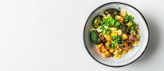 Poster - Top down view of a dish featuring farfalle pasta roasted broccoli and sauteed mushrooms in a bowl on a white backdrop with empty space for text or images. Creative banner. Copyspace image