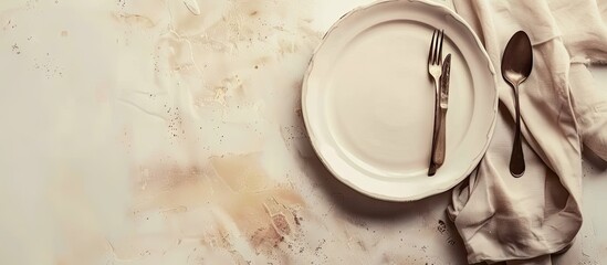 Poster - Table setting featuring an empty plate cutlery and napkin on a light background in a top view copy space image