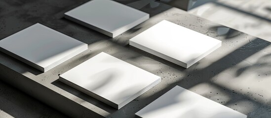 Fototapete - Close up view of business cards on a textured light grey surface providing a mockup for design with copy space image