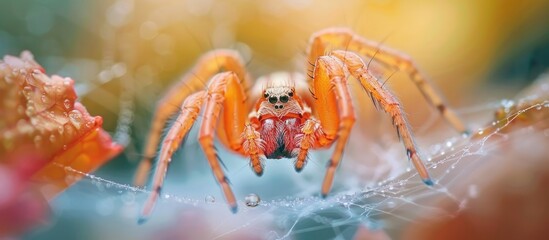 Poster - A small orange spider on its web with copy space image