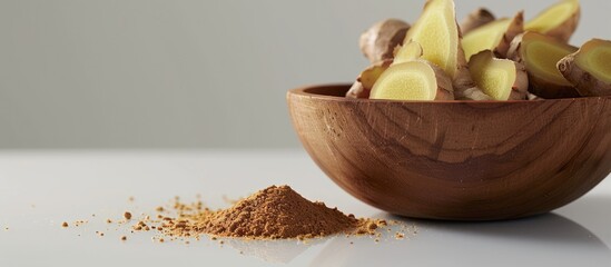 Poster - Slices of ginger root and powdered ginger presented in a wooden bowl against a white backdrop with available space for additional images