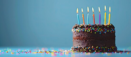 Aufkleber - A birthday cake with chocolate frosting colorful sprinkles and seven lit candles on top set against a blue background with copy space image