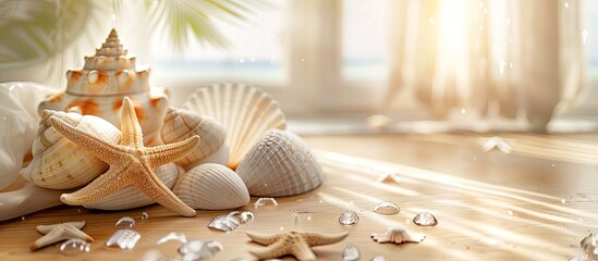 Canvas Print - Table background with sea shells or starfish for a summer concept featuring a copy space image for text