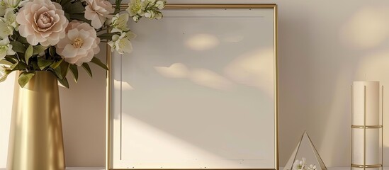 Aufkleber - A golden picture frame adorned with flowers and a pyramid displayed on a table accompanied by a generous area for text in the photo. Creative banner. Copyspace image