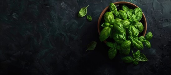 Poster - Top view of a potted fresh basil plant set against a dark background a vibrant green herb grown indoors a close up copy space image promoting healthy eating