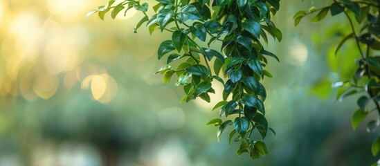 Wall Mural - Macro shot of a leafy ornamental plant branch against a blurred background perfect for a copy space image