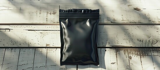Aufkleber - Copy space image of a black pouch placed on a pale wooden surface