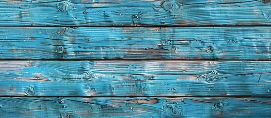 Sticker - Old natural patterns are visible on a blue hued wooden background surface in the copy space image