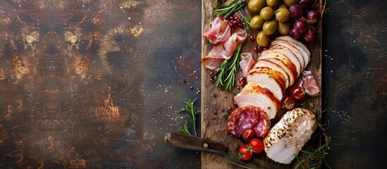 Wall Mural - Rustic top view copy space image of a fresh natural appetizer with chicken ham and cheese on a table