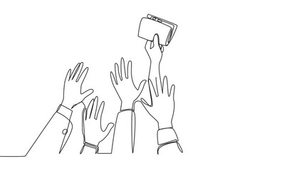 Poster - animated self drawing of single one line drawing hands fighting over the leather wallet. fighting ov