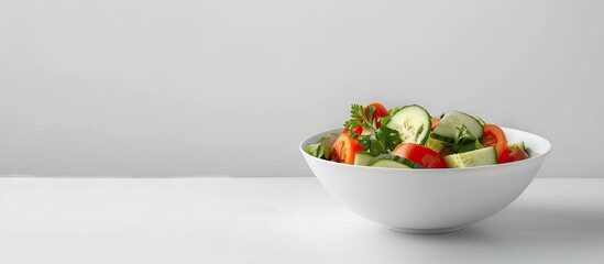 Poster - Fresh vegetable salad with tomato and cucumber in a bowl on white backdrop with copy space image