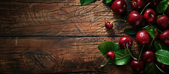 Poster - Fresh ripe cherries with leaves displayed on a textured wooden surface creating a visually appealing copy space image for vegan and healthy eating messages