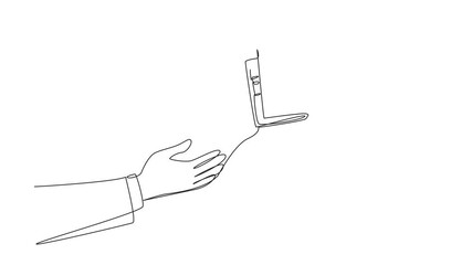Poster - Self drawing animation of continuous one line drawing a hand passes a wallet to colleague. Full trust is given. Manage finances well. Reach the maximum limit of business profits. Full length animation