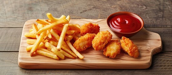 Aufkleber - Close up of a wooden board with a variety of appetizing fast food items like fries nuggets and sauces creating a visually appealing copy space image
