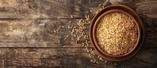 Poster - Top view of uncooked long grain brown rice in a bowl on a wooden surface with space for additional images