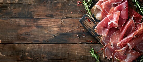 Poster - Old wooden backdrop featuring Italian prosciutto crudo or Spanish jamon topped with rosemary perfect for copy space image