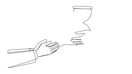 Poster - Animation of a single one line drawing a hand gives an hourglass to a colleague. The countdown begins. Agreement reached. Work must not exceed the deadline. Time management. Full length motion