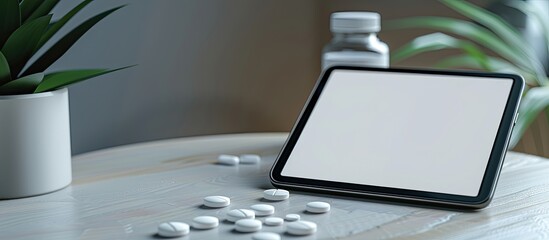 Leinwandbilder - Mockup of a digital tablet displayed on a doctor s table with medicines featuring a blank screen and space for additional writing or images