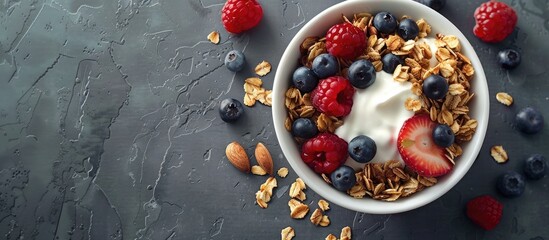 Aufkleber - A delicious bowl of granola with berries almonds and yogurt on a textured gray table in a flat lay composition with copy space image