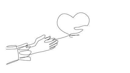 Poster - Animated self drawing of single one line drawing a hand gives heart shape to its partner. Fall in love. Ready to give heart and soul. Invitation to get married. Romantic couple. Full length animation