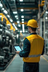 South European Worker in Modern Factory with iPad