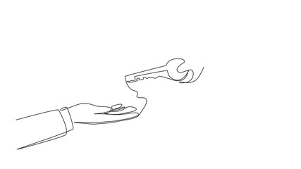 Poster - Animation of single continuous line drawing a hand gives a key to a coworker. Full trust is given. Fix anything that's broken. Keep it up. Business that will continue to grow. Full length motion