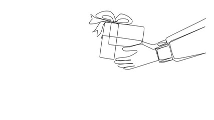 Poster - self drawing animation of continuous one line drawing a hand gives a gift box to a partner. gifts th