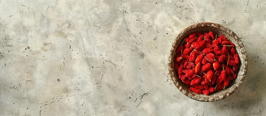 Sticker - Top view of a bowl with dried goji berries on a light textured table creating copy space image