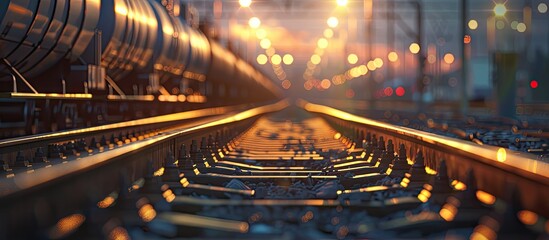 Poster - Train tracks and a fuel tanker with a blurred industrial background provide copy space in the image