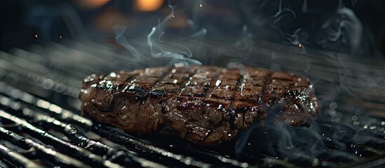 Canvas Print - Beef steak sizzling on a grill in a close up shot with ample copy space image available